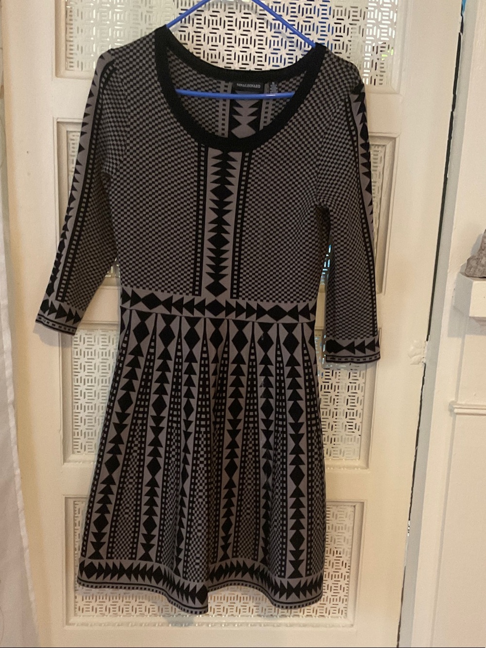 Nina Leonard Black and Gray Geometric Fit & Flare Midi Dress